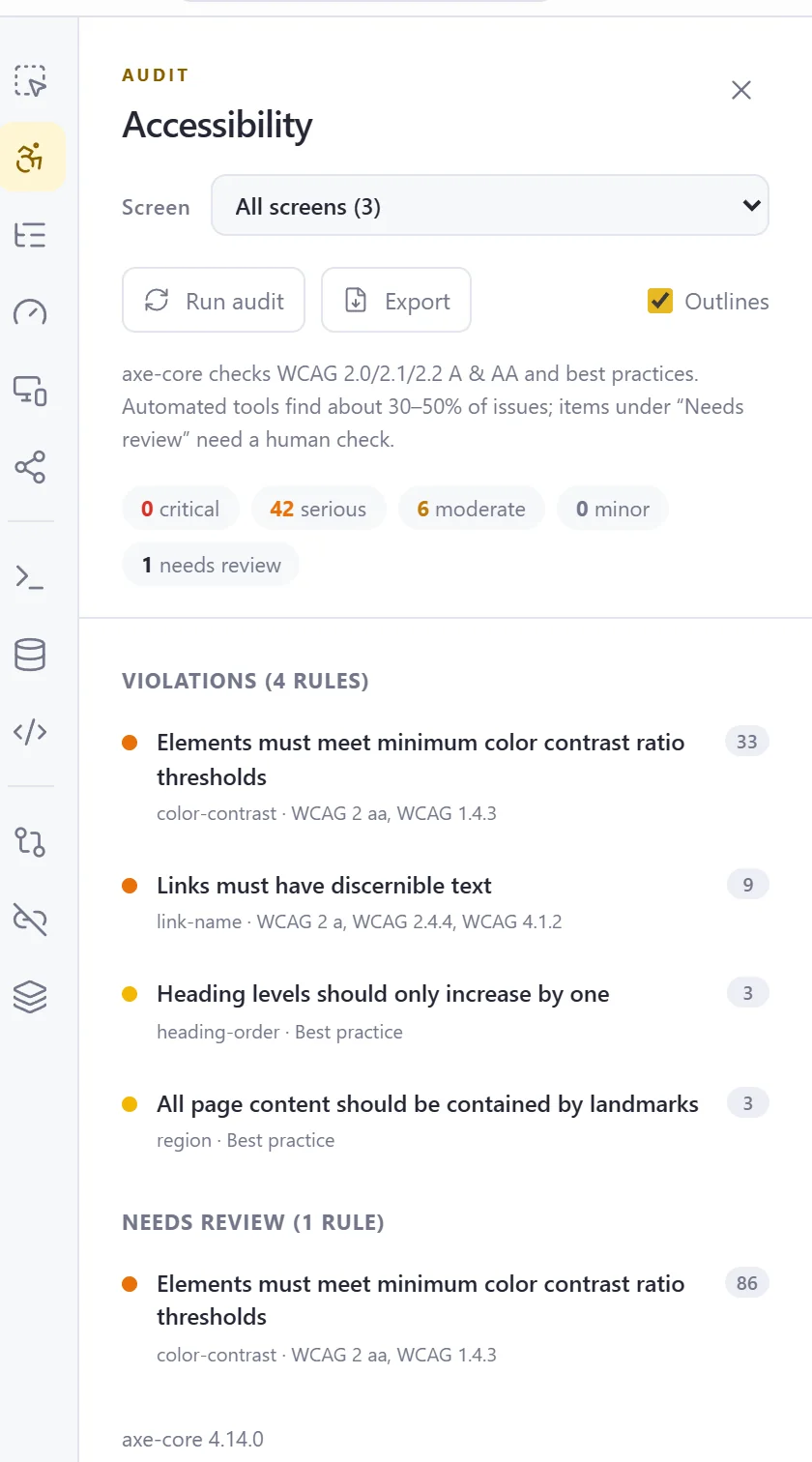 Accessibility findings grouped by rule