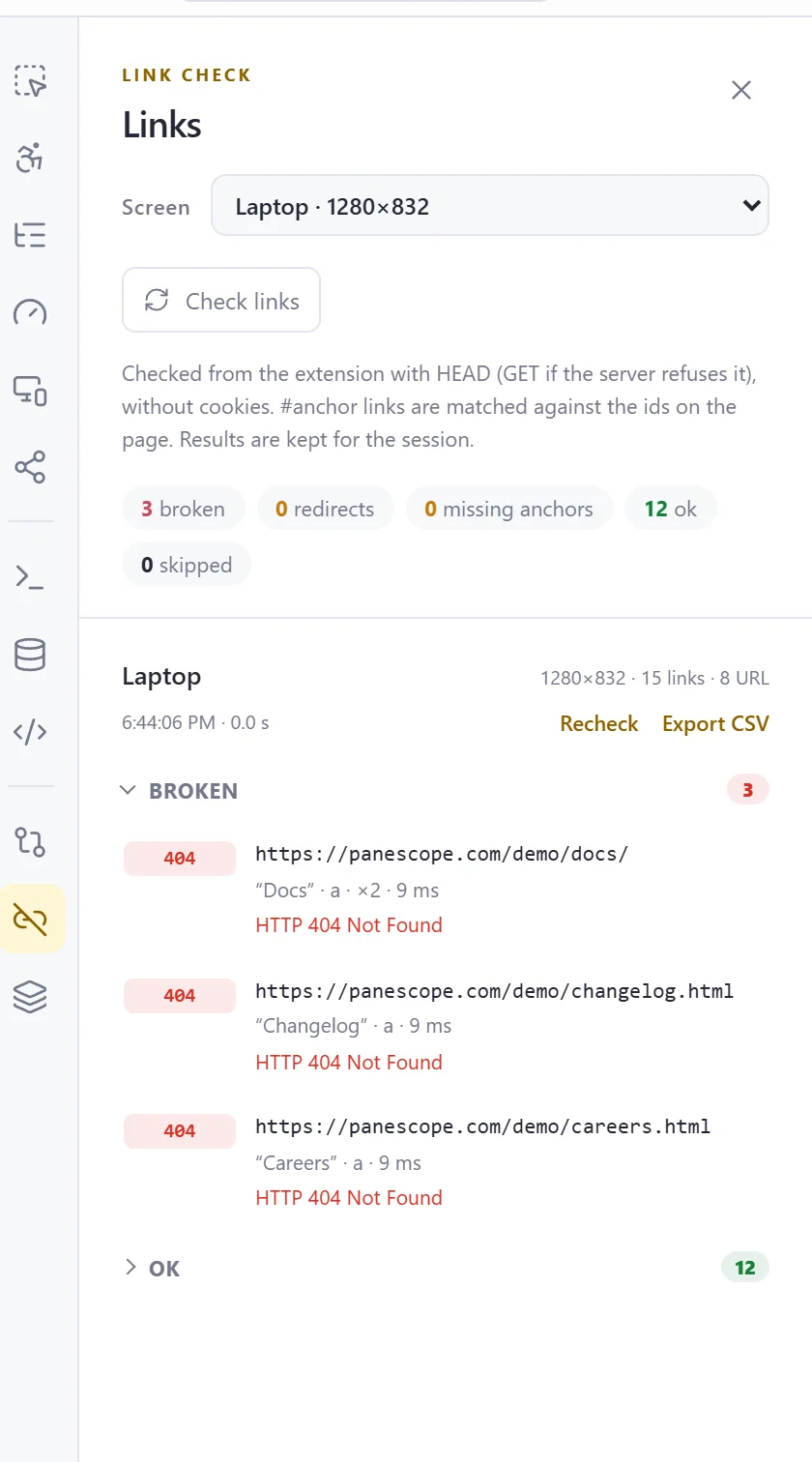 Broken links panel listing 404 pages