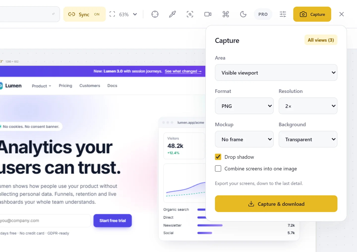 Capture panel with format, resolution, mockup and background options