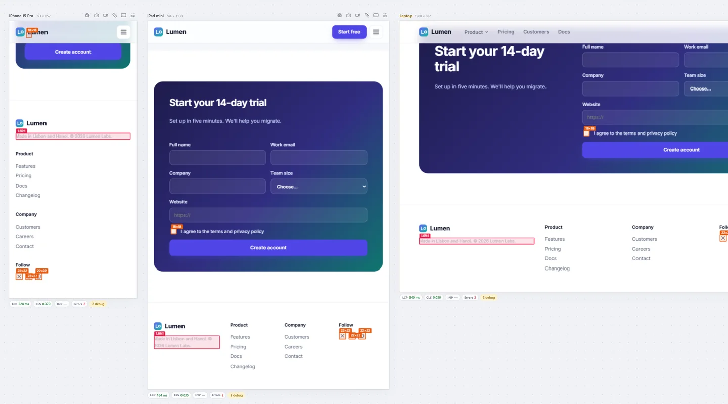 Contrast and target-size overlays on the footer of three screens