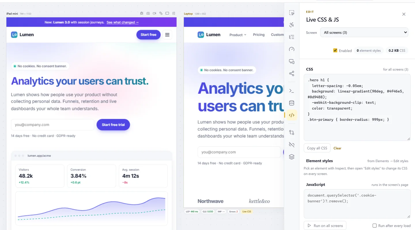 Live CSS panel with a gradient headline applied on every screen