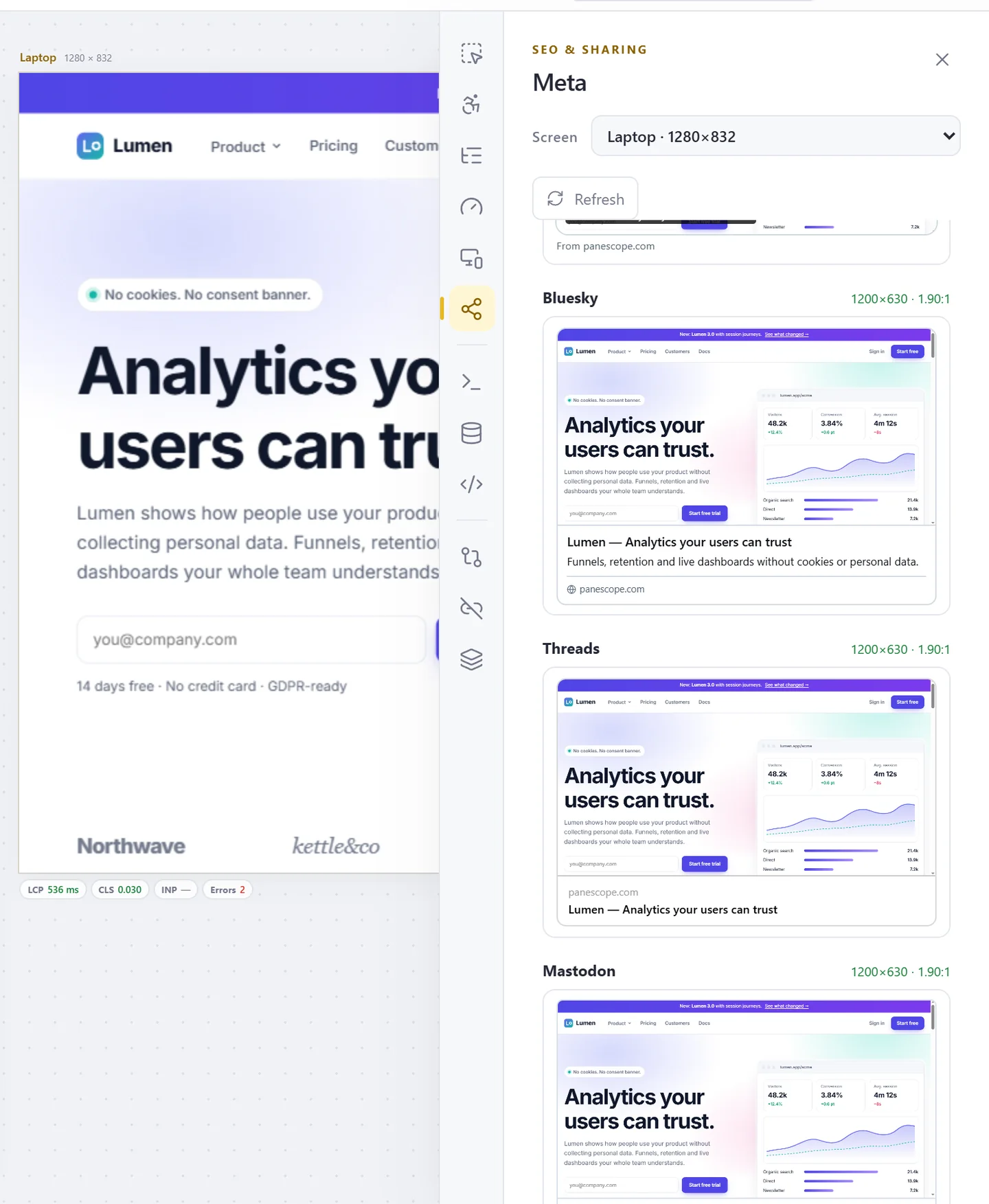 Meta panel with Bluesky, Threads and Mastodon link previews