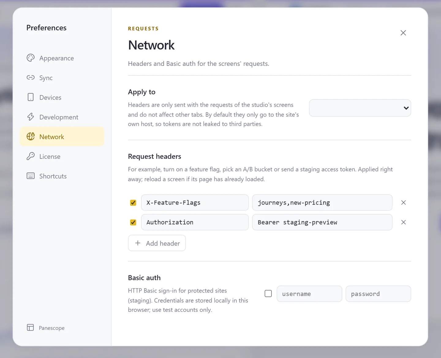 Network settings with two custom request headers