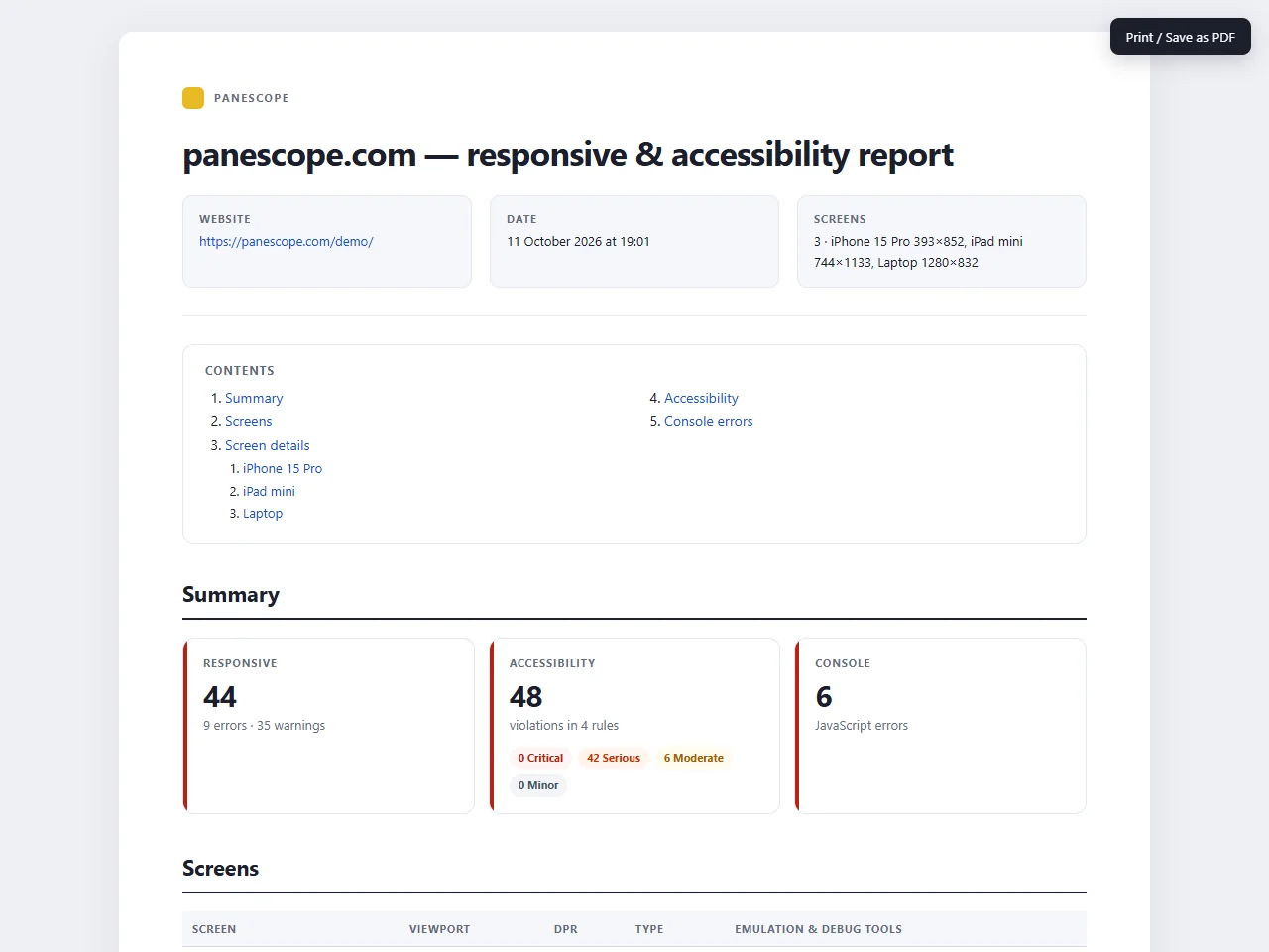 The shareable report generated for the Lumen demo
