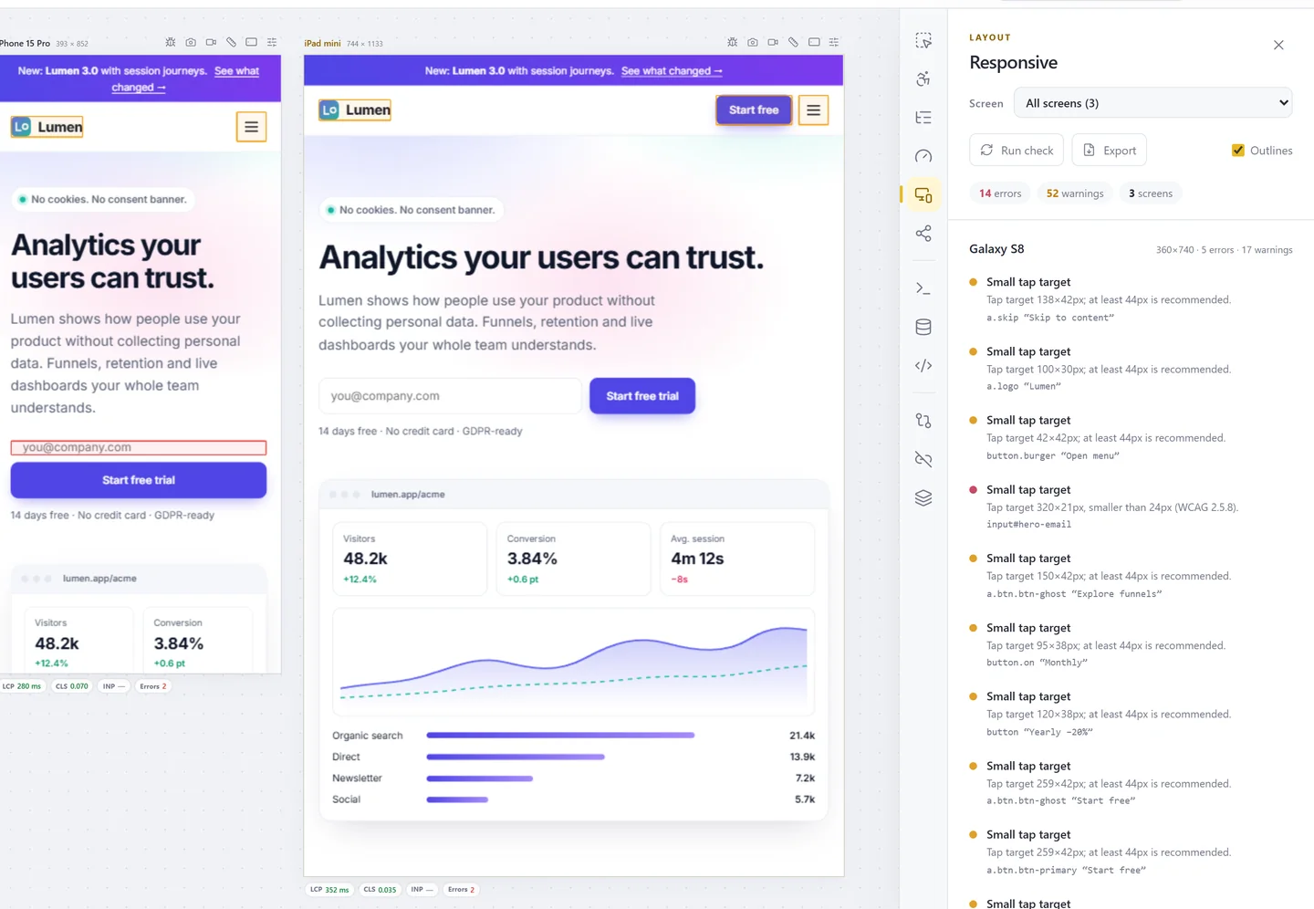 Responsive check panel with overflow and small tap targets