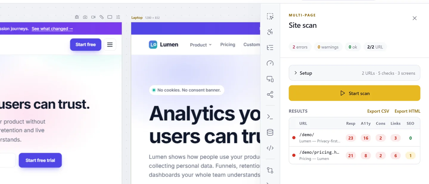 Site scan results for two pages
